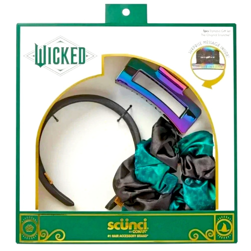 WICKED Elphaba Hair Accessory Set 3 piece Headband, Clip, Scrunchy: Scunci NIB